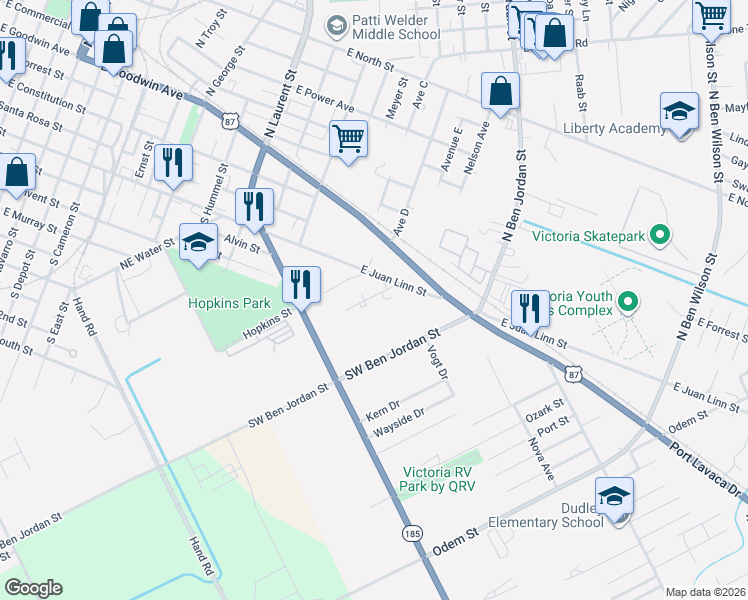 map of restaurants, bars, coffee shops, grocery stores, and more near 2103 Center Street in Victoria
