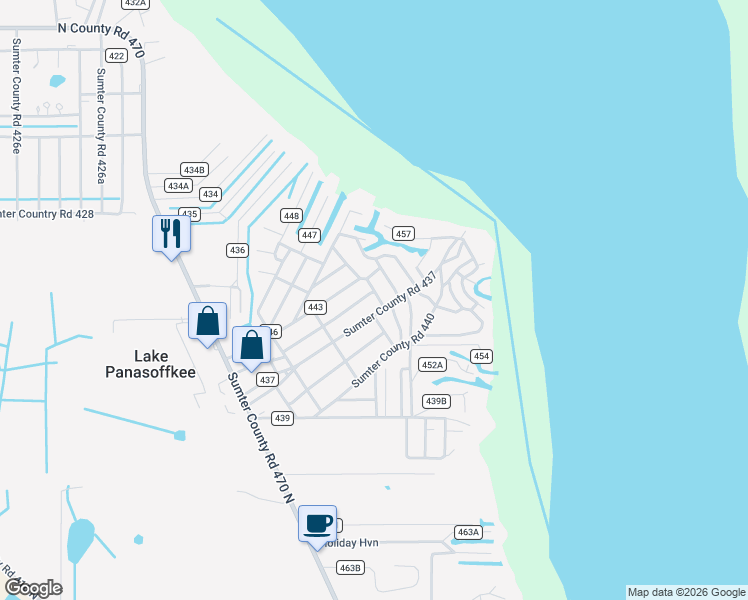 map of restaurants, bars, coffee shops, grocery stores, and more near 1105 County Road 437 in Lake Panasoffkee