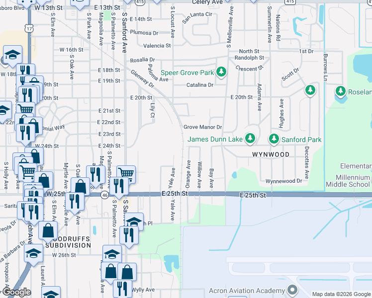 map of restaurants, bars, coffee shops, grocery stores, and more near 2404 Orange Avenue in Sanford