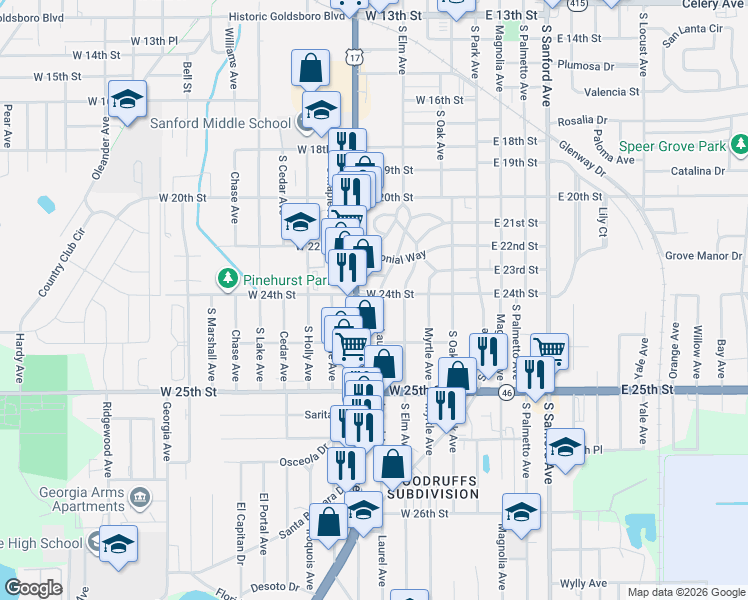 map of restaurants, bars, coffee shops, grocery stores, and more near 2413 Florida 46 in Sanford