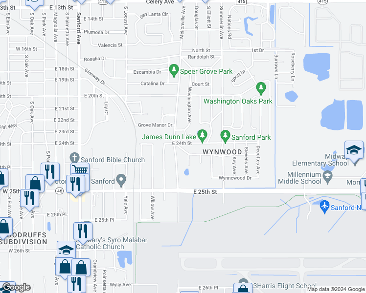 map of restaurants, bars, coffee shops, grocery stores, and more near 1200 Forest Drive in Sanford