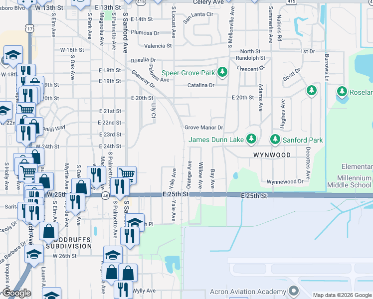 map of restaurants, bars, coffee shops, grocery stores, and more near 2404 Orange Avenue in Sanford