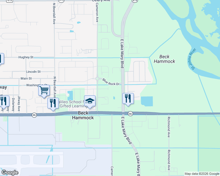 map of restaurants, bars, coffee shops, grocery stores, and more near 415 Crest Street in Sanford