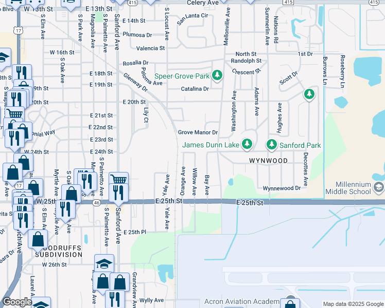 map of restaurants, bars, coffee shops, grocery stores, and more near 2400 Willow Avenue in Sanford