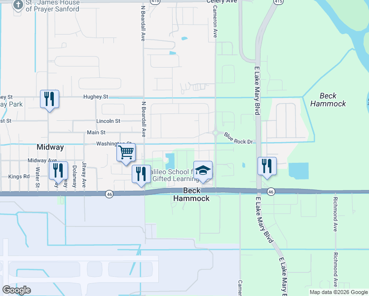 map of restaurants, bars, coffee shops, grocery stores, and more near 2347 Hollyberry Way in Sanford