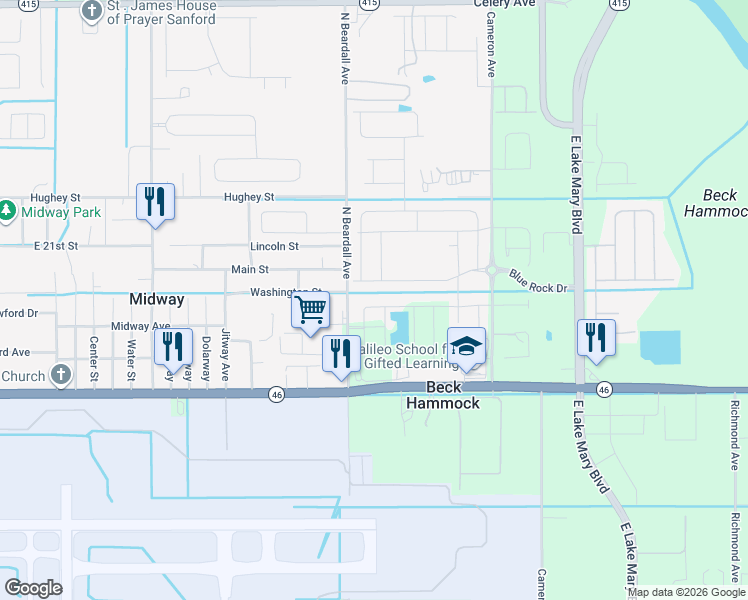 map of restaurants, bars, coffee shops, grocery stores, and more near 2312a Beardall Avenue in Sanford