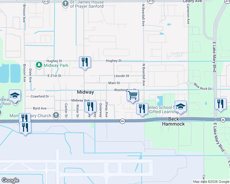 map of restaurants, bars, coffee shops, grocery stores, and more near 3615 Main Street in Sanford
