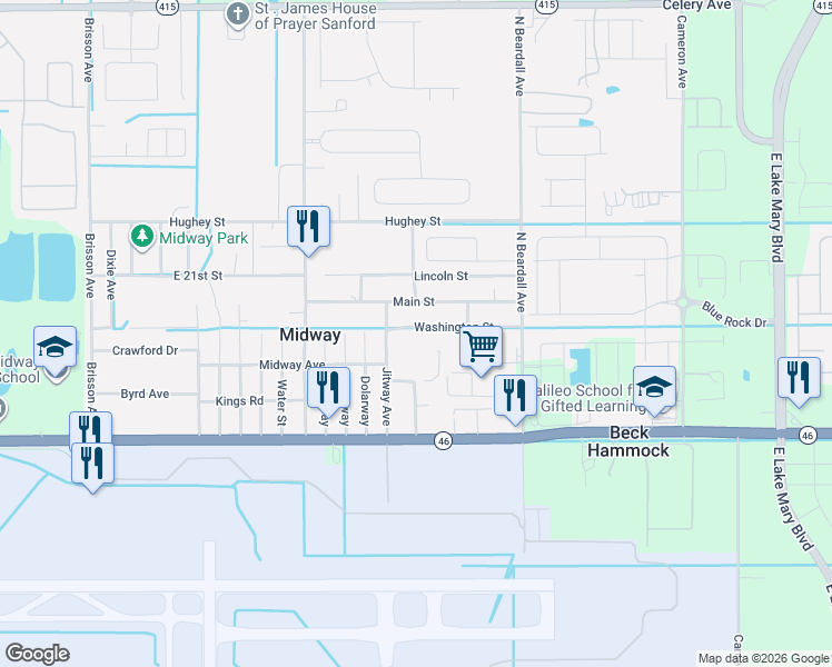 map of restaurants, bars, coffee shops, grocery stores, and more near 3615 Main Street in Sanford