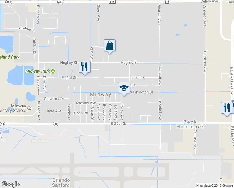 map of restaurants, bars, coffee shops, grocery stores, and more near 3505 Main Street in Sanford