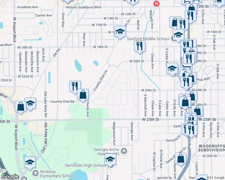 map of restaurants, bars, coffee shops, grocery stores, and more near 119 Garrison Drive in Sanford