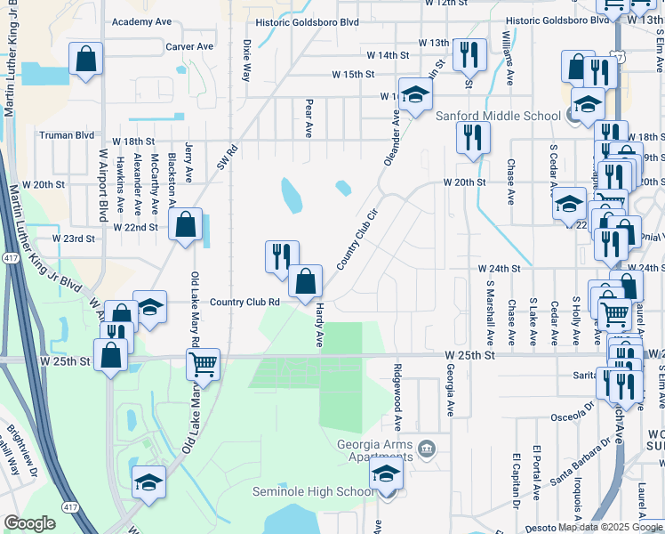 map of restaurants, bars, coffee shops, grocery stores, and more near 150 Country Club Circle in Sanford