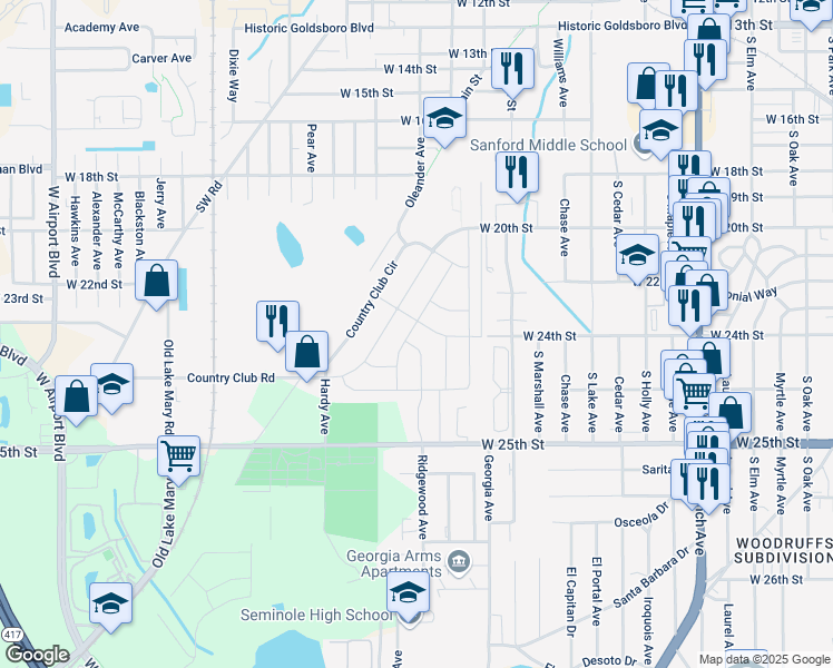 map of restaurants, bars, coffee shops, grocery stores, and more near 119 Garrison Drive in Sanford