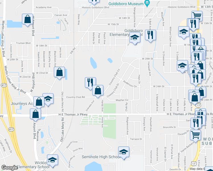 map of restaurants, bars, coffee shops, grocery stores, and more near 150 Country Club Circle in Sanford