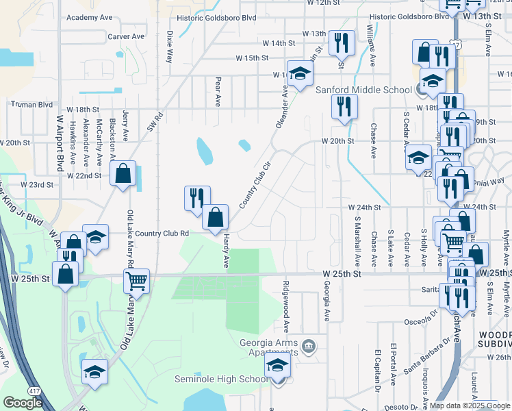 map of restaurants, bars, coffee shops, grocery stores, and more near 130 Country Club Drive in Sanford