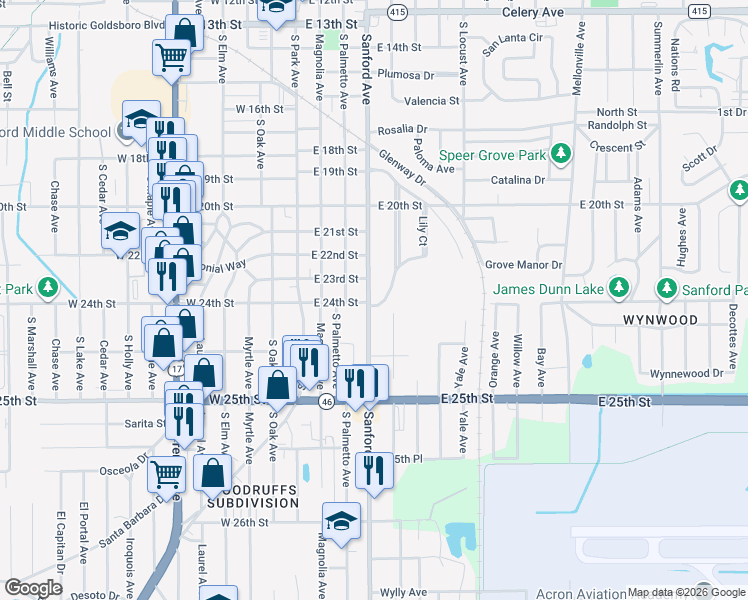 map of restaurants, bars, coffee shops, grocery stores, and more near 2070 South Grandview Avenue in Sanford