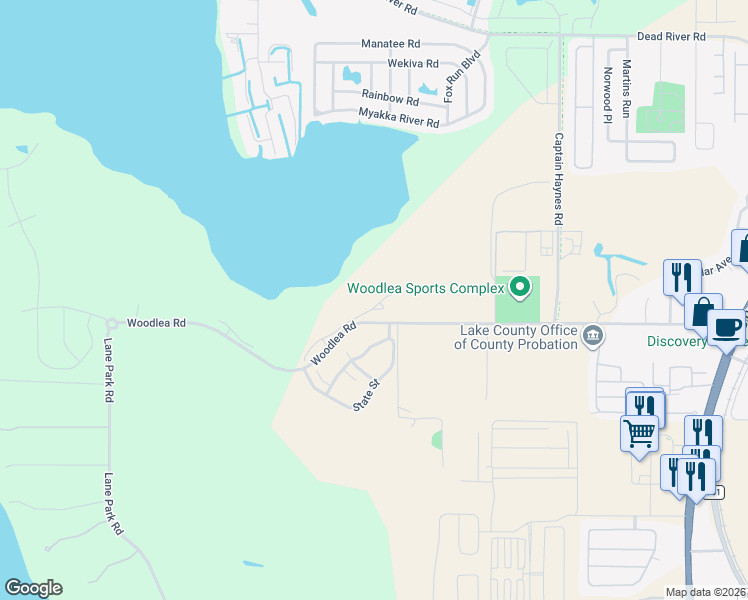 map of restaurants, bars, coffee shops, grocery stores, and more near 11713 Woodlea Road in Tavares