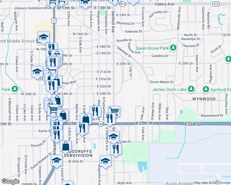 map of restaurants, bars, coffee shops, grocery stores, and more near 2070 South Grandview Avenue in Sanford