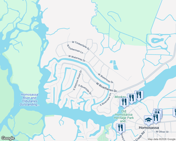 map of restaurants, bars, coffee shops, grocery stores, and more near 11600 West Waterway Drive in Homosassa