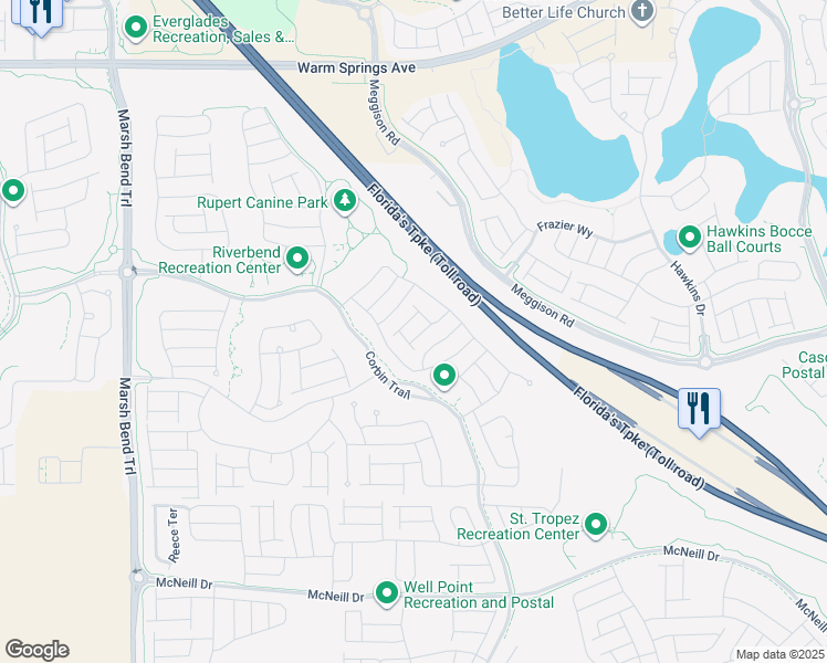 map of restaurants, bars, coffee shops, grocery stores, and more near Eury Road in The Villages