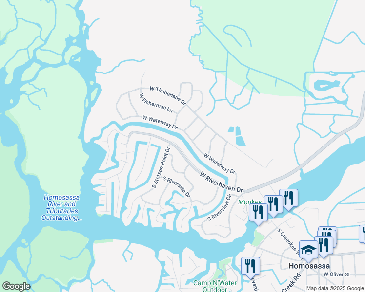 map of restaurants, bars, coffee shops, grocery stores, and more near 11600 West Waterway Drive in Homosassa
