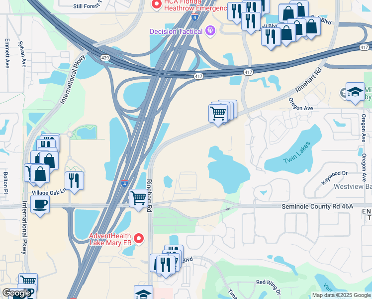 map of restaurants, bars, coffee shops, grocery stores, and more near 1001 Rinehart Road in Sanford