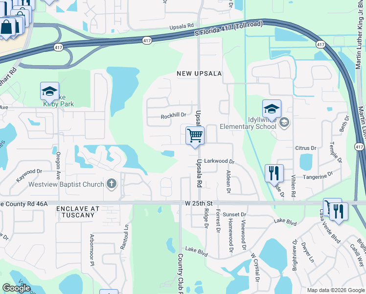 map of restaurants, bars, coffee shops, grocery stores, and more near 113 Spanish Bay Drive in Sanford