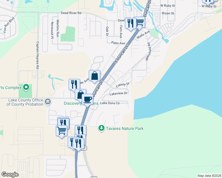map of restaurants, bars, coffee shops, grocery stores, and more near 1302 Westland Drive in Tavares