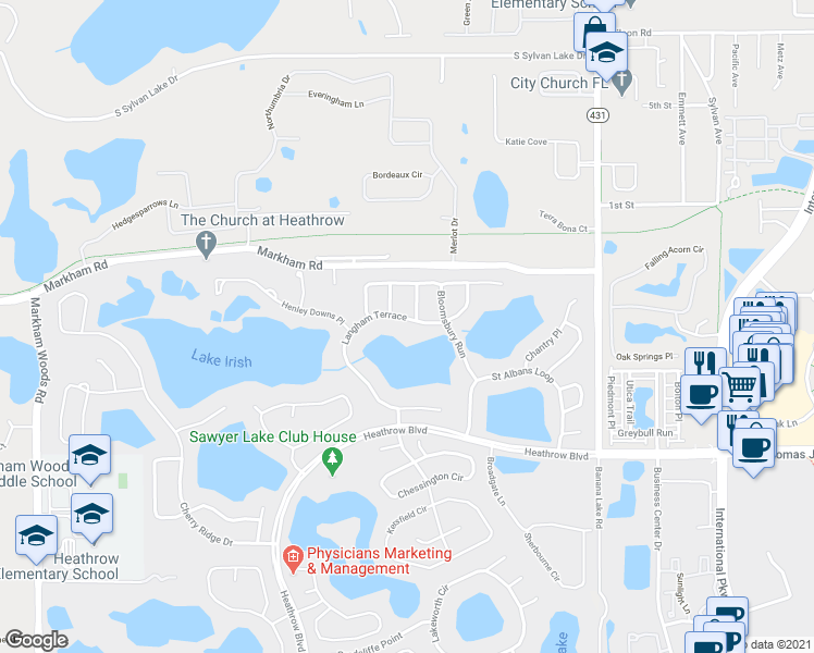 map of restaurants, bars, coffee shops, grocery stores, and more near 1516 Langham Terrace in Lake Mary