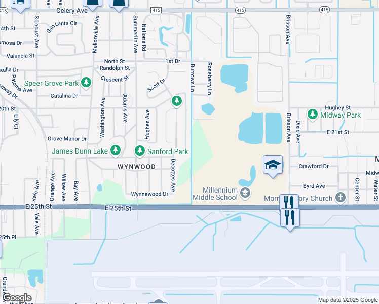 map of restaurants, bars, coffee shops, grocery stores, and more near 328 McKay Boulevard in Sanford