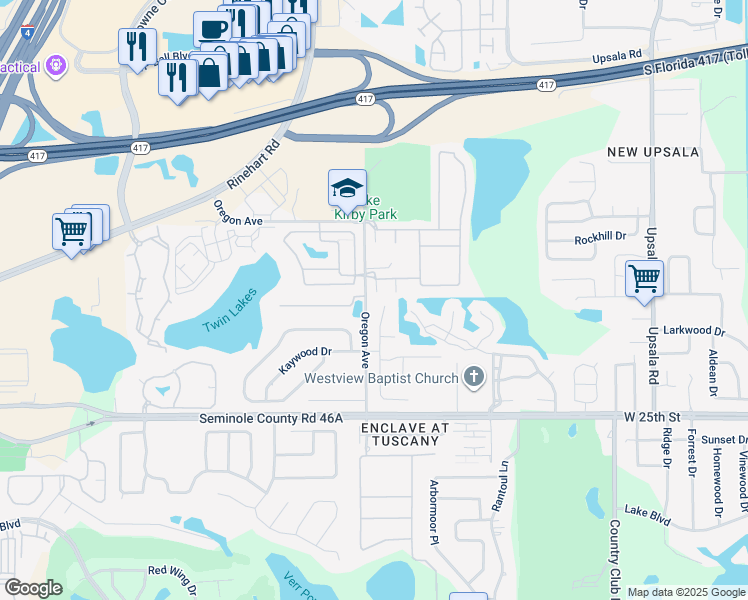 map of restaurants, bars, coffee shops, grocery stores, and more near 104 London Fog Way in Sanford
