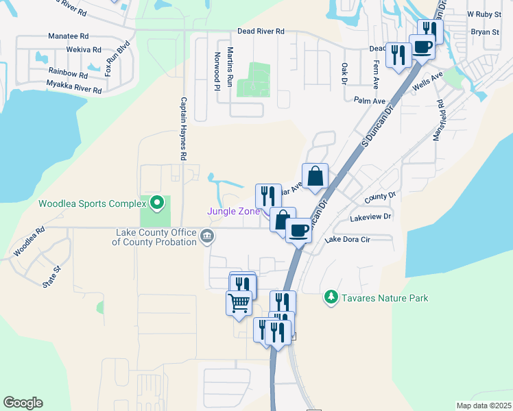 map of restaurants, bars, coffee shops, grocery stores, and more near 1300 Cedar Avenue in Tavares