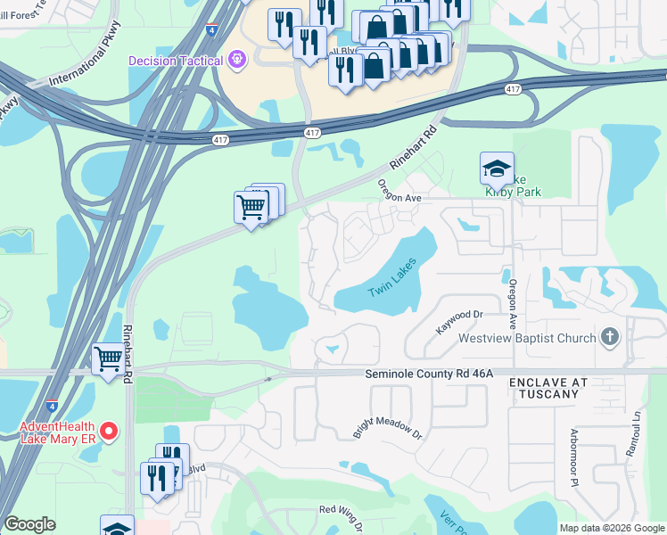 map of restaurants, bars, coffee shops, grocery stores, and more near 6307 Plantation Lakes Circle in Sanford