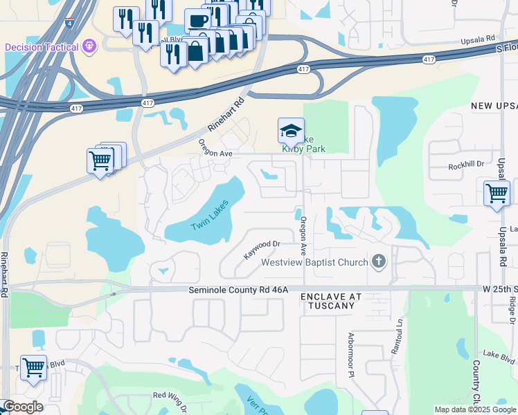 map of restaurants, bars, coffee shops, grocery stores, and more near 124 Calabria Springs Cove in Sanford
