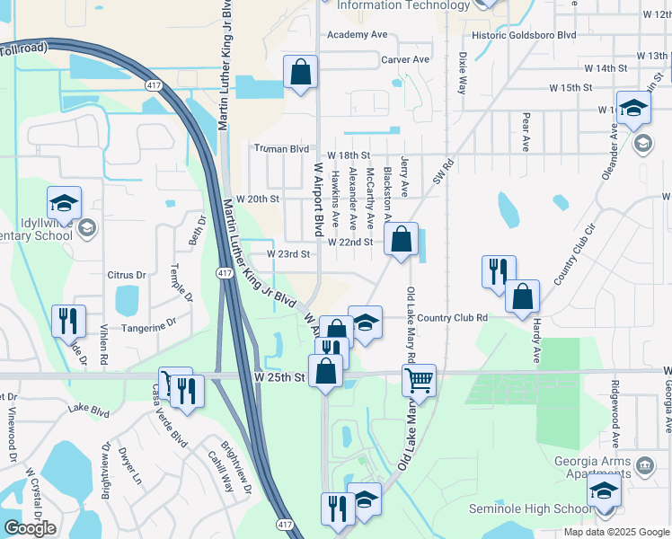 map of restaurants, bars, coffee shops, grocery stores, and more near 2854 Bungalow Boulevard in Sanford