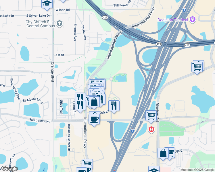 map of restaurants, bars, coffee shops, grocery stores, and more near 300 Colonial Center Pkwy in Lake Mary