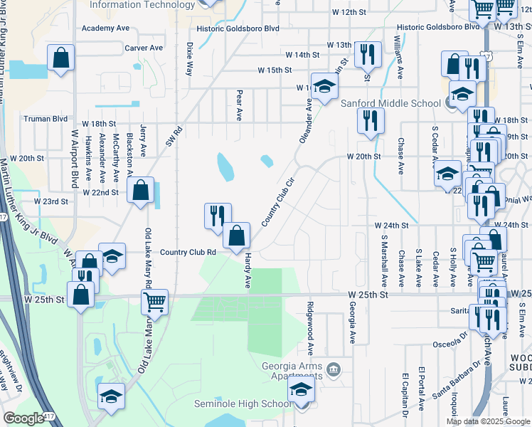 map of restaurants, bars, coffee shops, grocery stores, and more near 150 Country Club Circle in Sanford