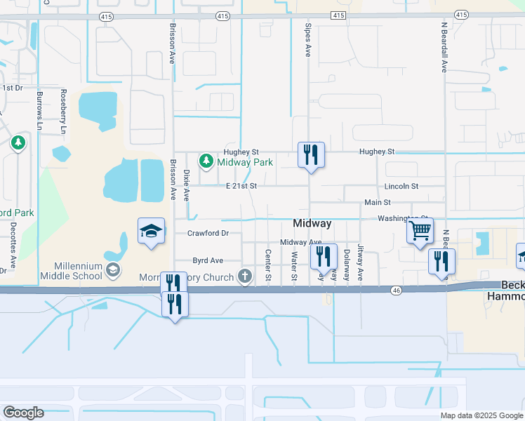 map of restaurants, bars, coffee shops, grocery stores, and more near 2164 Center Street in Sanford