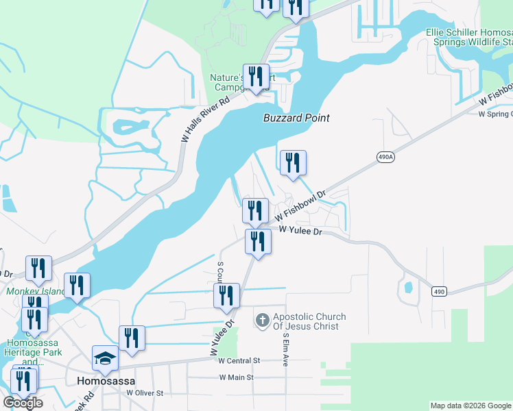 map of restaurants, bars, coffee shops, grocery stores, and more near 4845 South Mc Cains Pointe in Homosassa