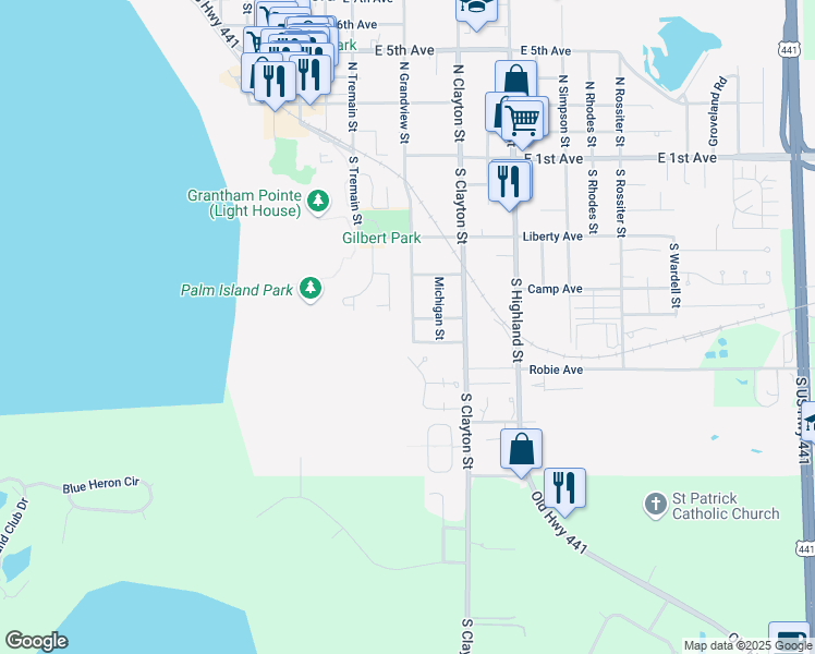 map of restaurants, bars, coffee shops, grocery stores, and more near 727 South Grandview Street in Mount Dora