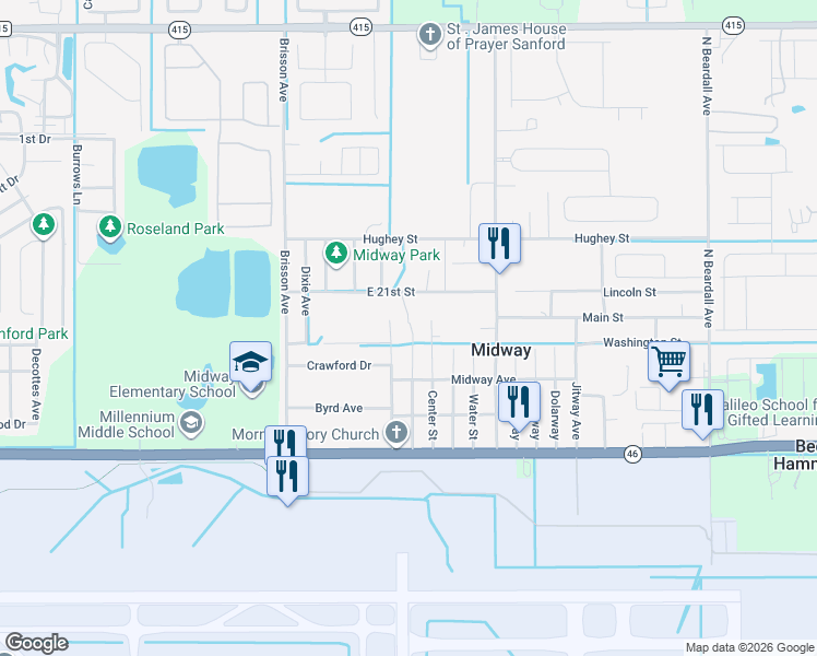 map of restaurants, bars, coffee shops, grocery stores, and more near 2170 Church Street in Sanford