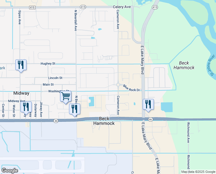 map of restaurants, bars, coffee shops, grocery stores, and more near 2033 Apalachicola Lane in Sanford