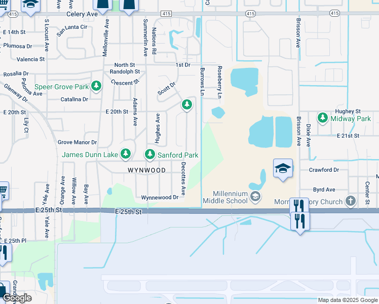 map of restaurants, bars, coffee shops, grocery stores, and more near 189 Cedar Ridge Lane in Sanford