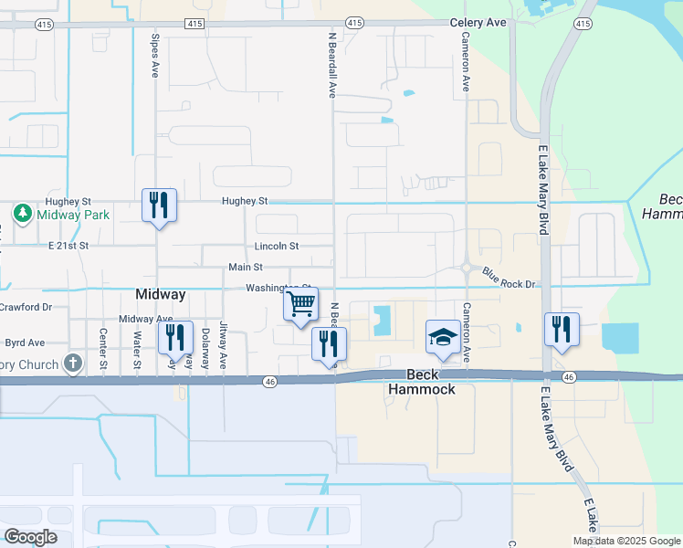 map of restaurants, bars, coffee shops, grocery stores, and more near 4420 Blue Rock Drive in Sanford