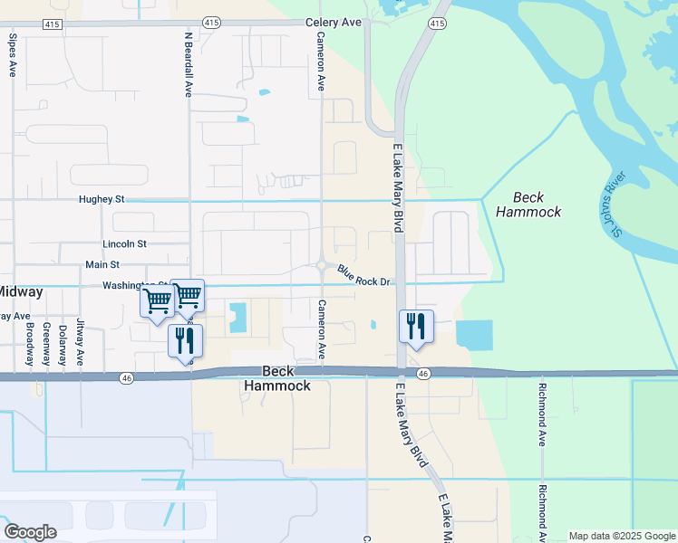 map of restaurants, bars, coffee shops, grocery stores, and more near 4363 Looking Glass Place in Sanford