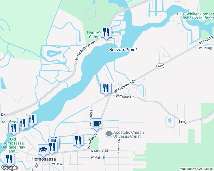 map of restaurants, bars, coffee shops, grocery stores, and more near 4845 South Mc Cains Pointe in Homosassa