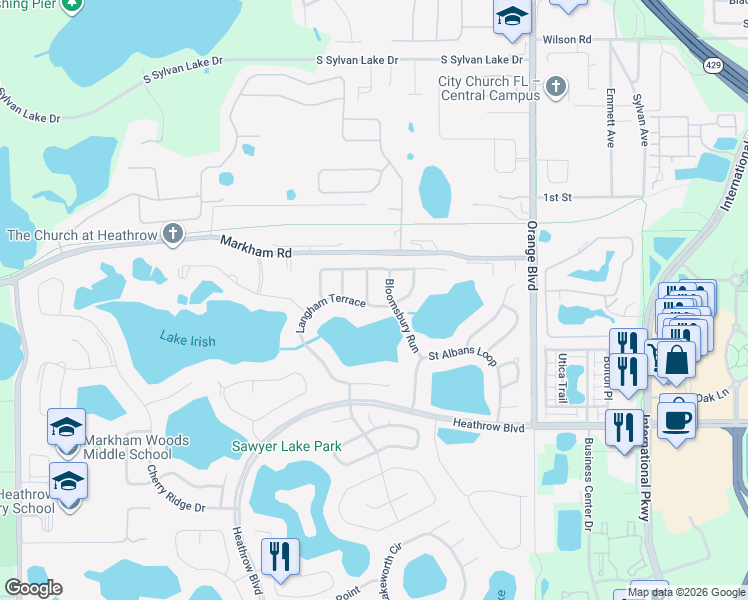 map of restaurants, bars, coffee shops, grocery stores, and more near 1516 Langham Terrace in Lake Mary