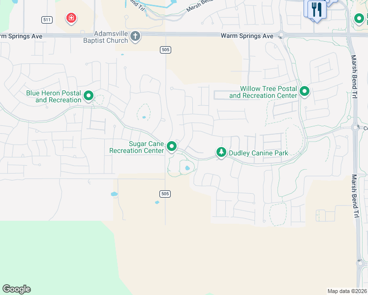 map of restaurants, bars, coffee shops, grocery stores, and more near 5845 Botner Drive in The Villages