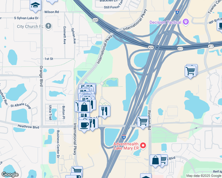 map of restaurants, bars, coffee shops, grocery stores, and more near 400 Colonial Center Parkway in Lake Mary