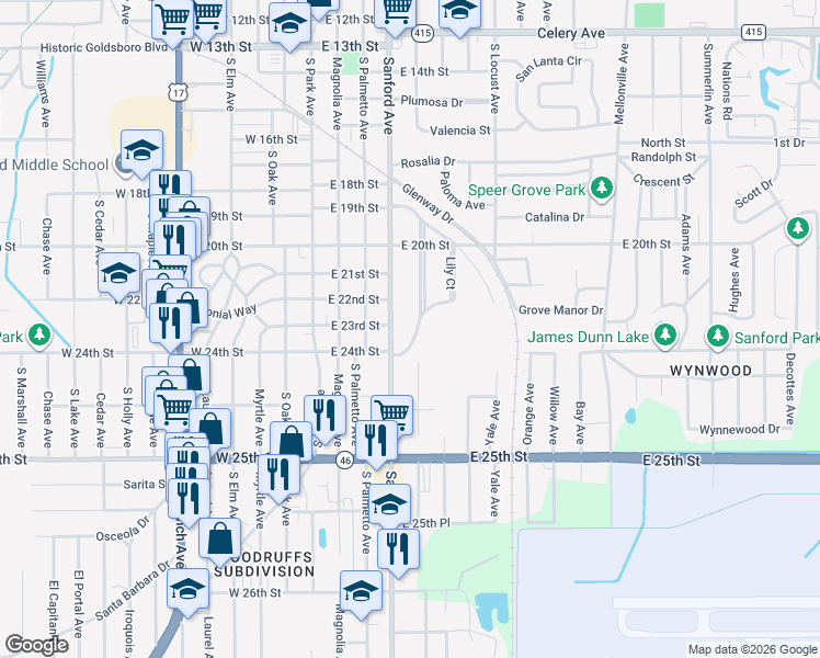 map of restaurants, bars, coffee shops, grocery stores, and more near 2070 South Grandview Avenue in Sanford