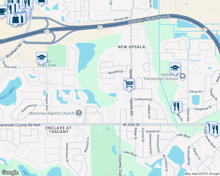 map of restaurants, bars, coffee shops, grocery stores, and more near 136 Spanish Bay Drive in Sanford